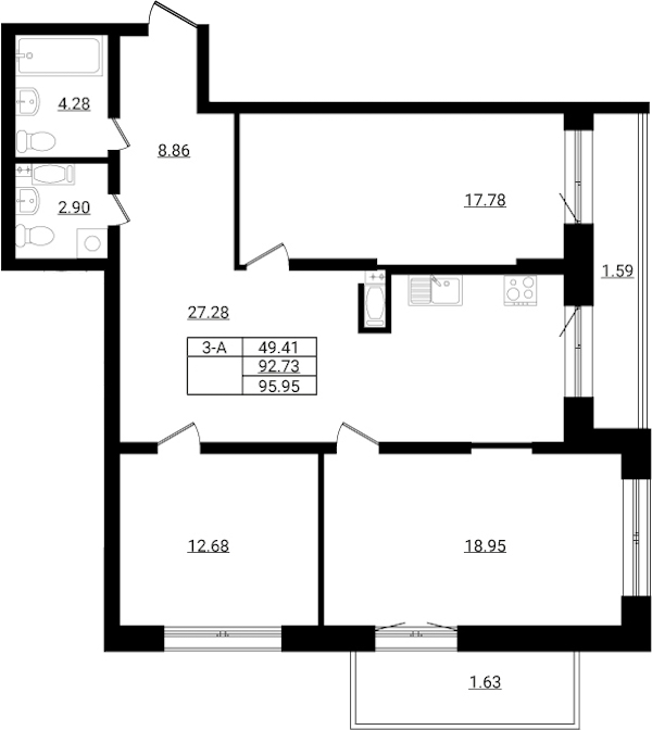 3-комнатная квартира 95.95 м², 5/9 эт., ЖК «Эко Гармония»